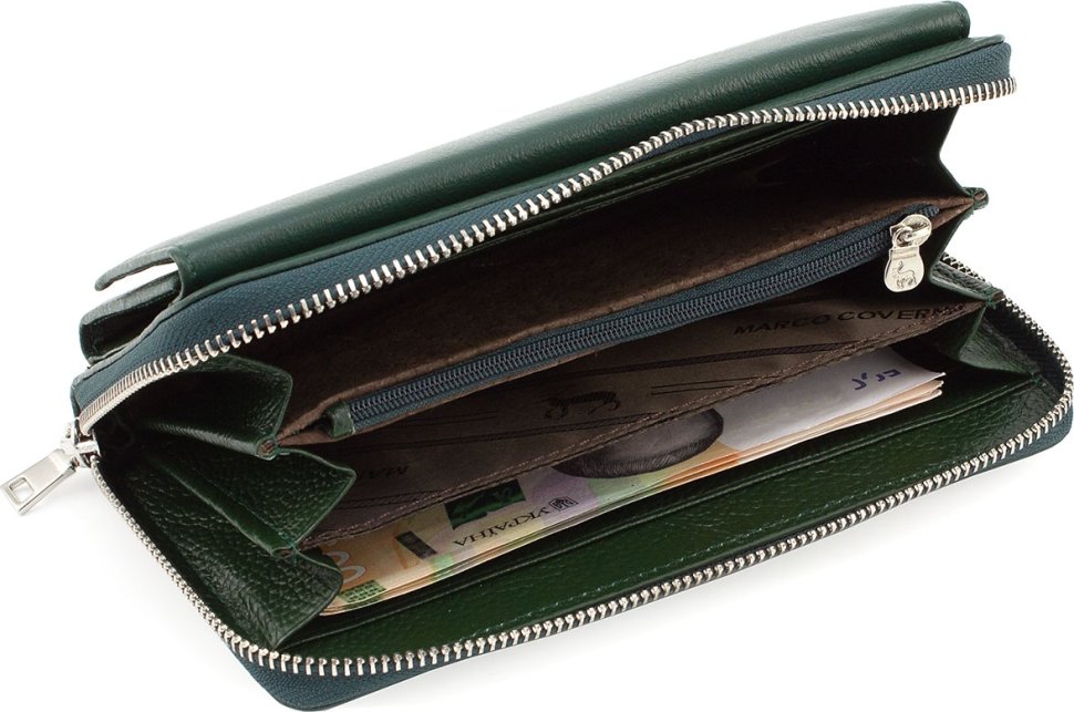 Зелений жіночий гаманець-клатч із натуральної шкіри з ремінцем на зап'ясті Marco Coverna (17079)