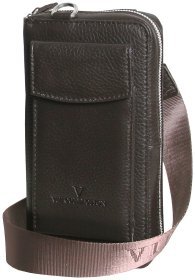 Мужская сумка клатч из натуральной кожи с отделением для телефона и текстильным ремнем через плечо Vip Collection 102370 коричневого цвета