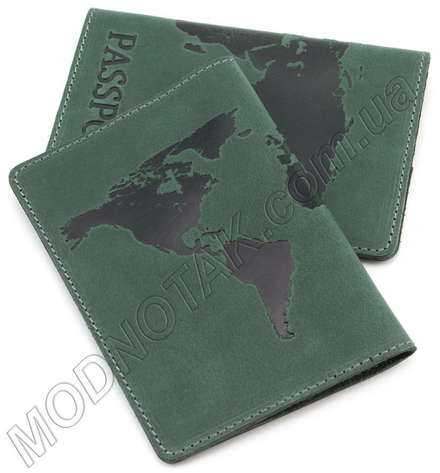 Шкіряна обкладинка зеленого кольору з тисненням карти світу ST Leather (17764)