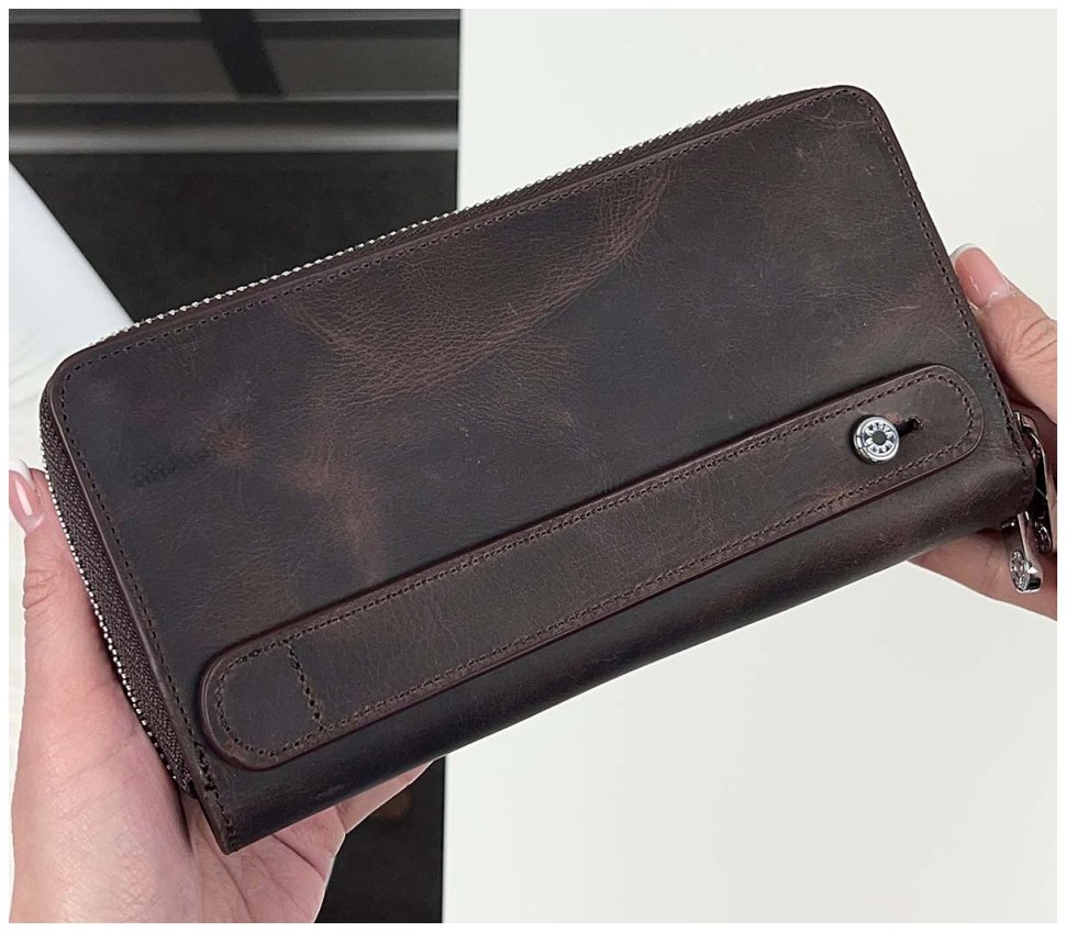 Мужской клатч из винтажной кожи коричневого цвета на две молнии KARYA (55870) modnotak фото №12