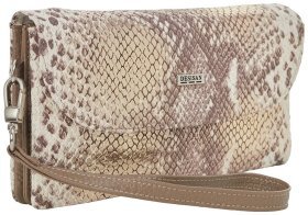 Вместительный женский кошелек из кожи с фактурой змеи с кистевым ремешком Desisan 106870 бежевого цвета