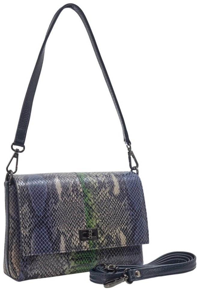 Каркасная кожаная женская сумка с тиснением под змею с замочком Desisan 106970 синего цвета modnotak фото №2