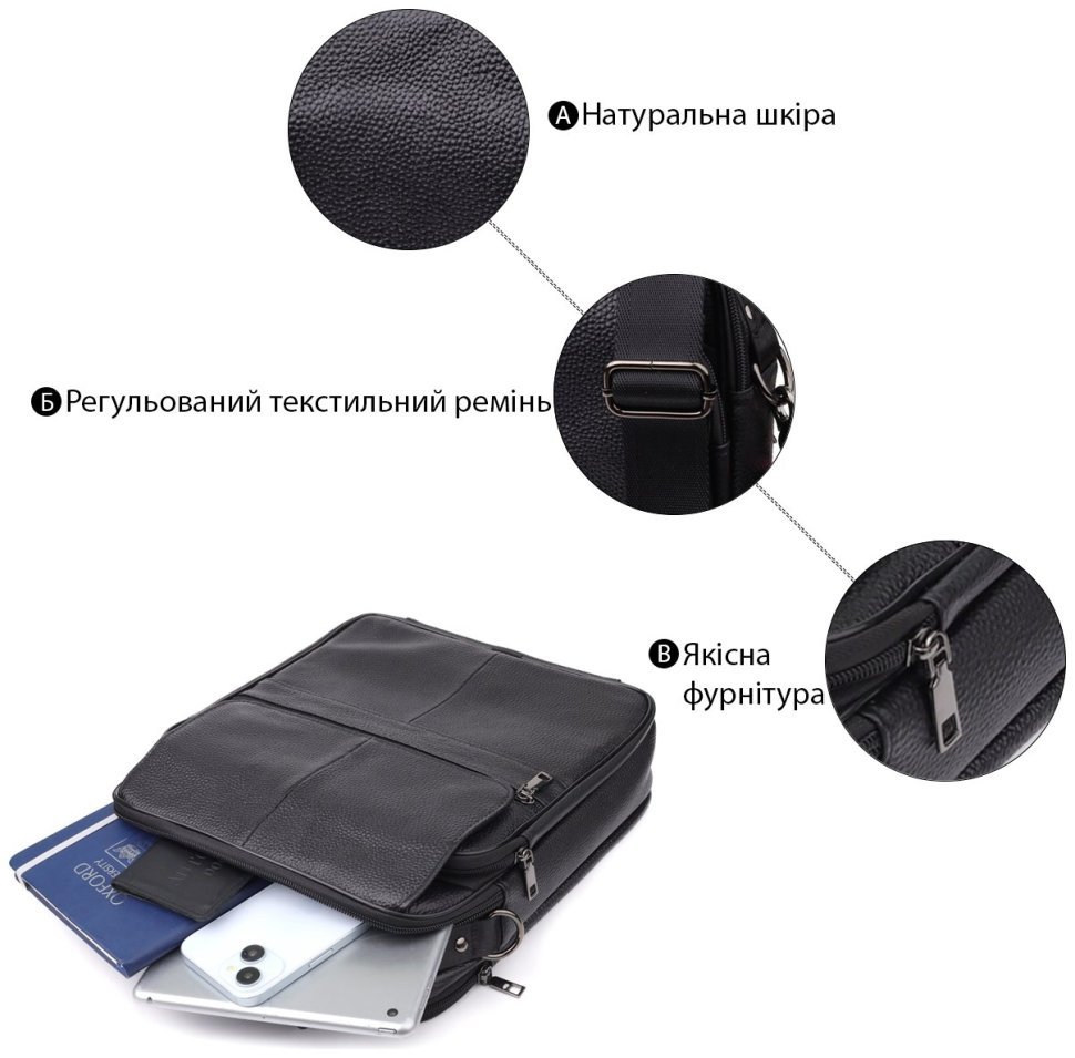 Городская мужская сумка из кожи через плечо с ручкой для носки Vintage 98170 черного цвета modnotak фото №4