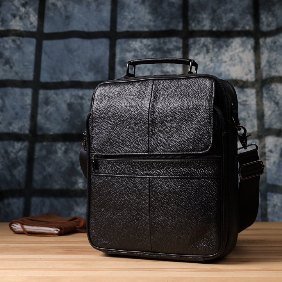 Городская мужская сумка из кожи через плечо с ручкой для носки Vintage 98170 черного цвета modnotak фото №10