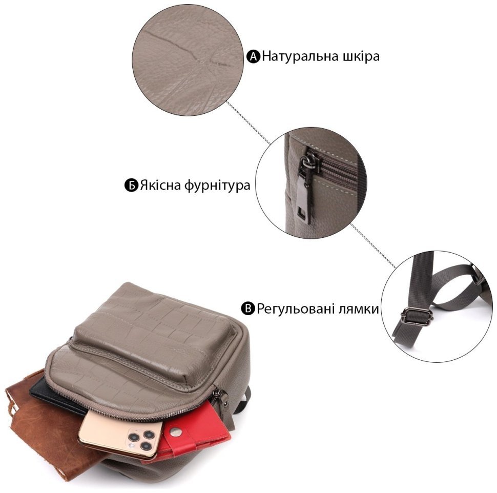 Женский маленький рюкзак из натуральной кожи серого цвета Vintage 2422435 modnotak фото №10