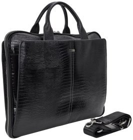 Чоловічий шкіряний портфель із фактурою під рептилію чорного кольору Desisan 80671