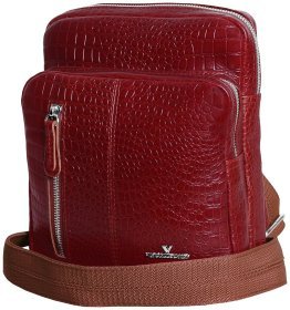Кожаная мужская слинг-сумка из кожи с тиснением под крокодила на 2 отделения Vip Collection 102371 цвета бургунди