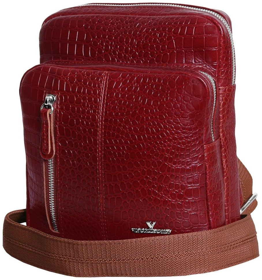 Кожаная мужская слинг-сумка из кожи с тиснением под крокодила на 2 отделения Vip Collection 102371 цвета бургунди фото №1 Кожаная мужская слинг-сумка из кожи с тиснением под крокодила на 2 отделения Vip Collection 102371 цвета бургунди modnotak фото №1
