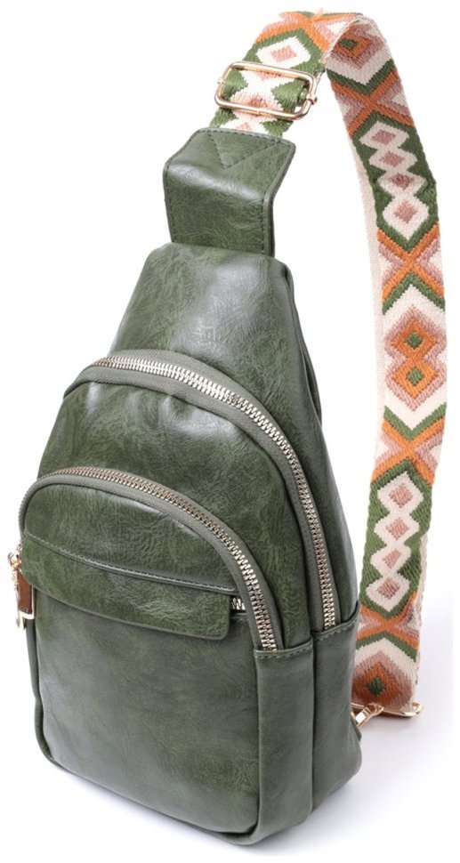 Компактная женская слинг-сумка из гладкой экокожи с этническим ремешком Vintage 22771 Зеленая modnotak фото №1