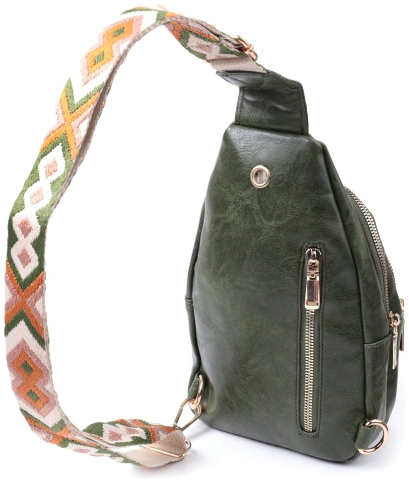 Компактная женская слинг-сумка из гладкой экокожи с этническим ремешком Vintage 22771 Зеленая modnotak фото №2
