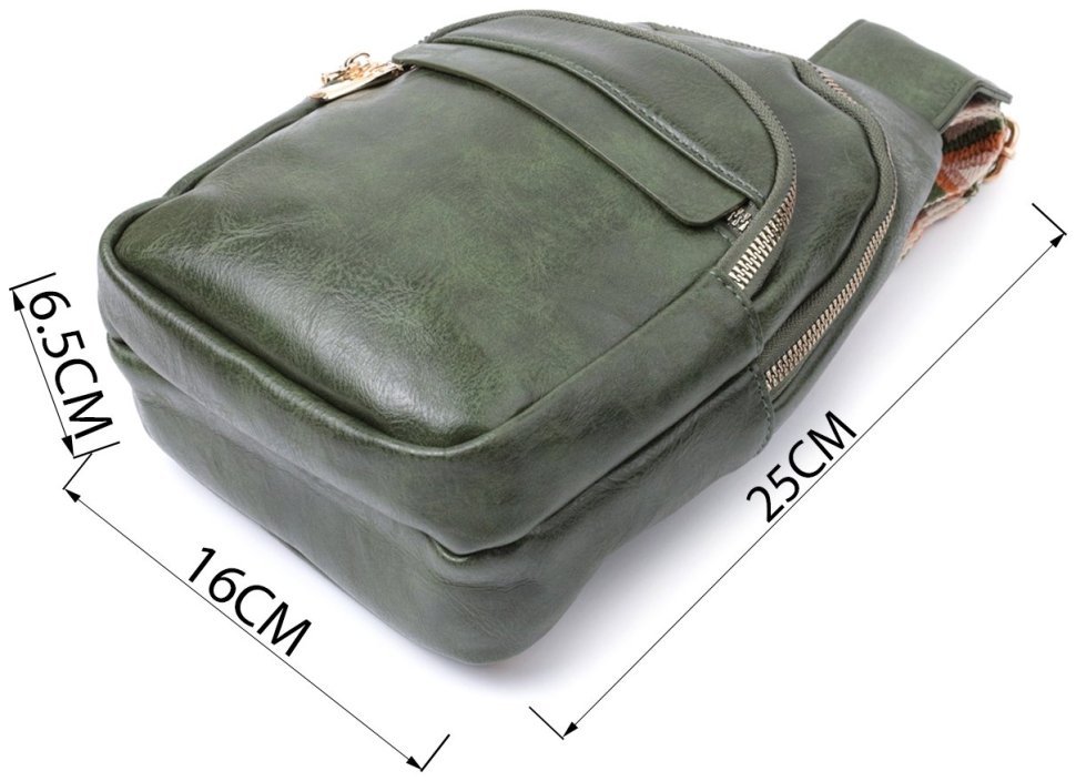 Компактная женская слинг-сумка из гладкой экокожи с этническим ремешком Vintage 22771 Зеленая modnotak фото №3