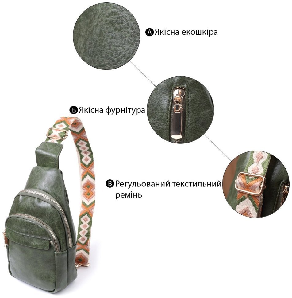 Компактная женская слинг-сумка из гладкой экокожи с этническим ремешком Vintage 22771 Зеленая modnotak фото №4