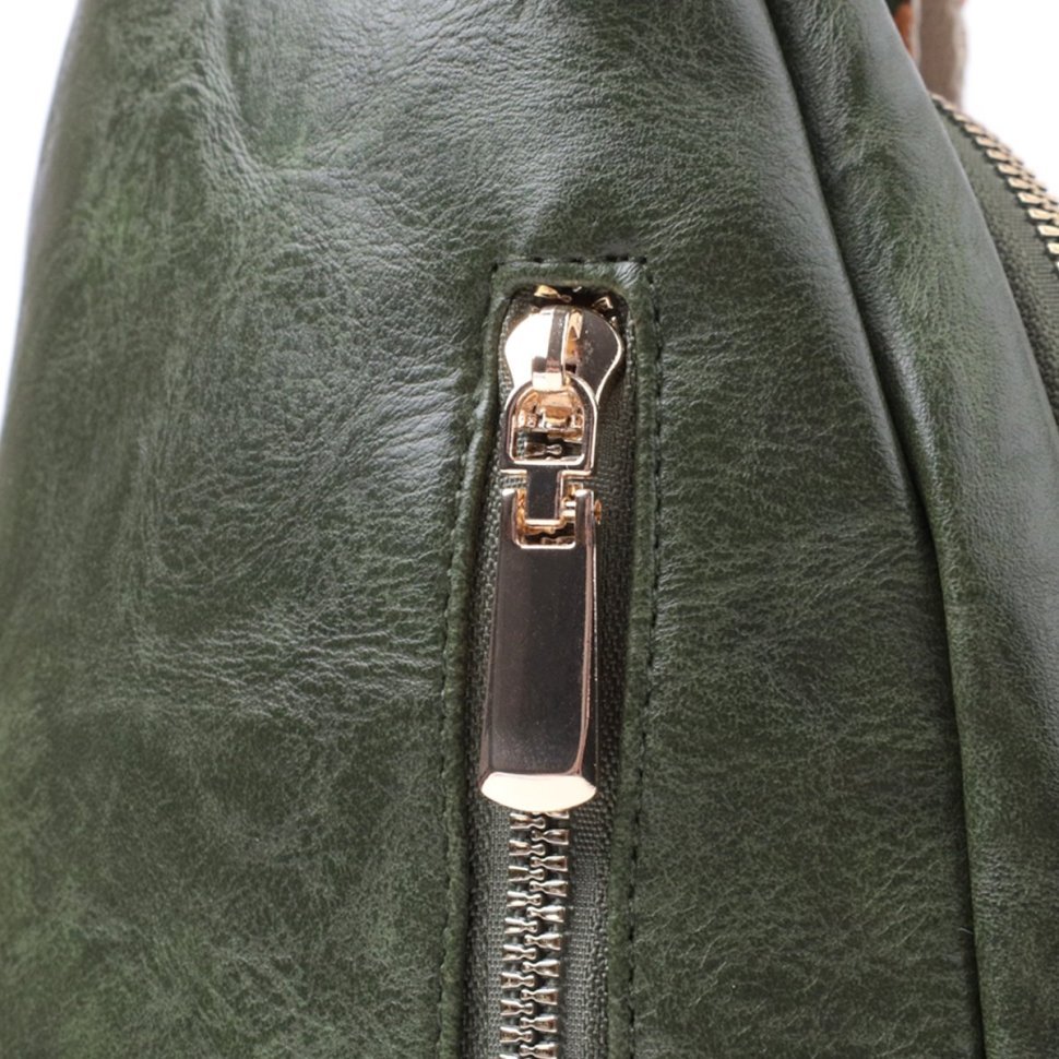 Компактная женская слинг-сумка из гладкой экокожи с этническим ремешком Vintage 22771 Зеленая modnotak фото №6