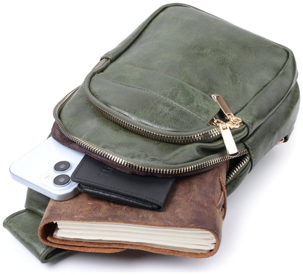 Компактная женская слинг-сумка из гладкой экокожи с этническим ремешком Vintage 22771 Зеленая modnotak фото №8