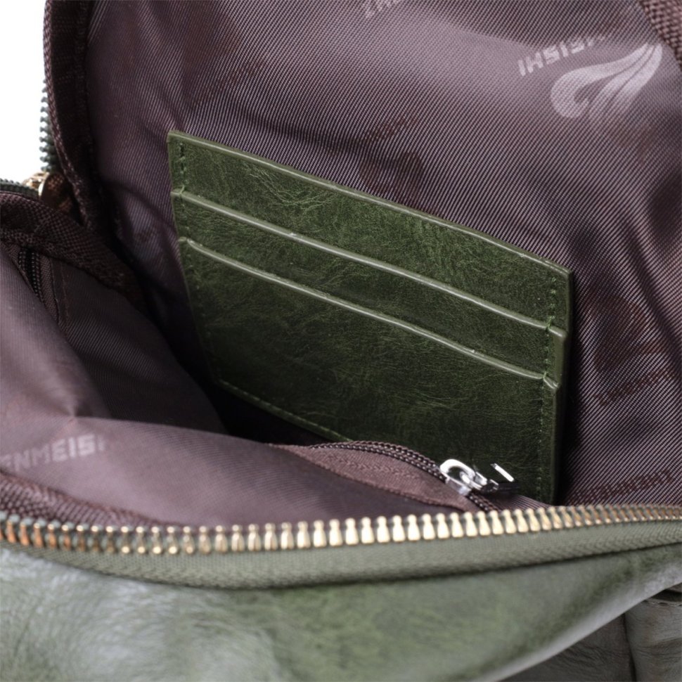 Компактная женская слинг-сумка из гладкой экокожи с этническим ремешком Vintage 22771 Зеленая modnotak фото №9