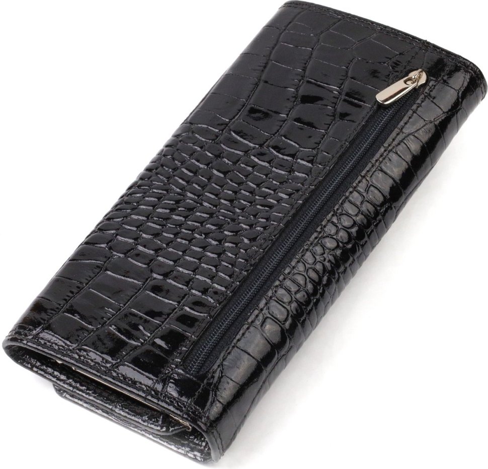 Жіночий лакований гаманець з натуральної шкіри чорного кольору з тисненням під крокодила CANPELLINI (2421707)