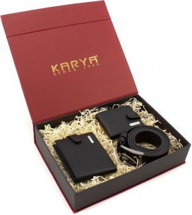 Подарунковий набір для чоловіка зі шкіряних аксесуарів (портмоне, візитниця, ремінь) KARYA (19854)