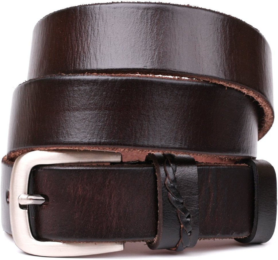 Брючный кожаный ремень коричневого цвета с серебристой пряжкой Vintage 2420068