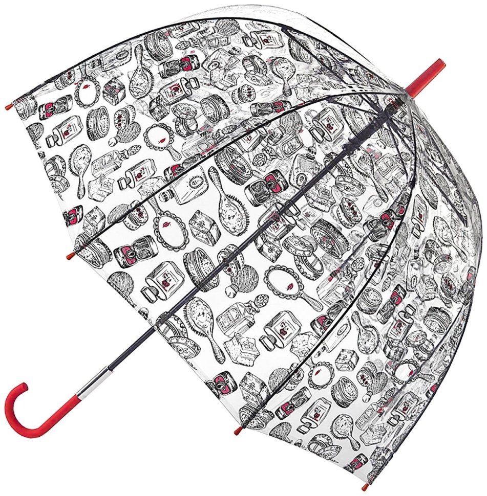 Женский зонт-трость Lulu Guinness by Fulton L719 Birdcage-2 Dressing Table (механика, прозрачный с принтом аксессуаров) 93971 modnotak фото №1