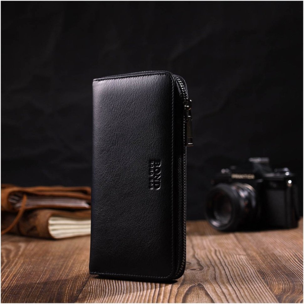 Класичний гаманець чорного кольору з натуральної гладкої шкіри на блискавці BOND (2422054)