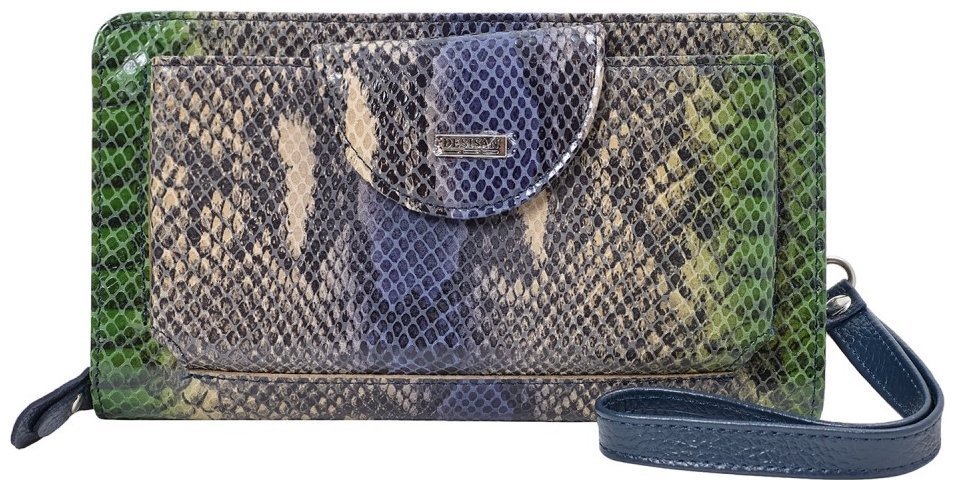 Жіночий гаманець з натуральної шкіри з відділенням для телефону та ременем на кисть Desisan 107071 під шкіру змії зелено-синього кольору modnotak фото №1