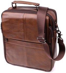 Вместительная деловая мужская сумка из кожи через плечо с ручкой для носки Vintage 98171 коричневого цвета