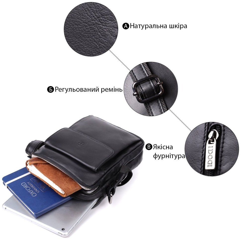 Повседневная мужская сумка планшет из гладкой кожи через плечо Tony Perotti черного цвета 108371 modnotak фото №4