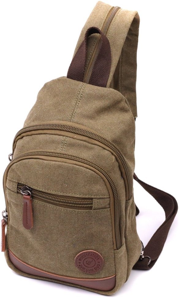 Чоловічий слінг-рюкзак з текстилю оливкового кольору Vintagе 2422174