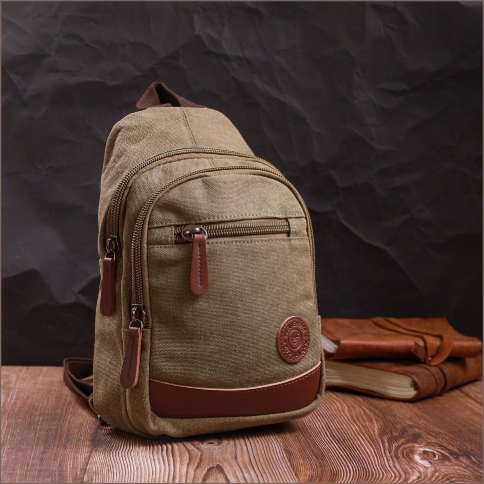 Чоловічий слінг-рюкзак з текстилю оливкового кольору Vintagе 2422174