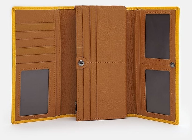 Большой яркий женский кошелек из кожзама с хлястиком на кнопке Monsen 109071 желтого цвета modnotak фото №4