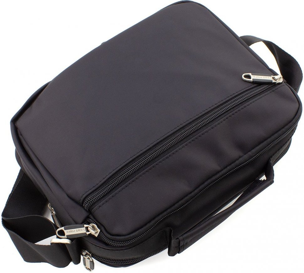Текстильная горизонтальная мужская сумка-мессенджер черного цвета Leadhake (10332)
