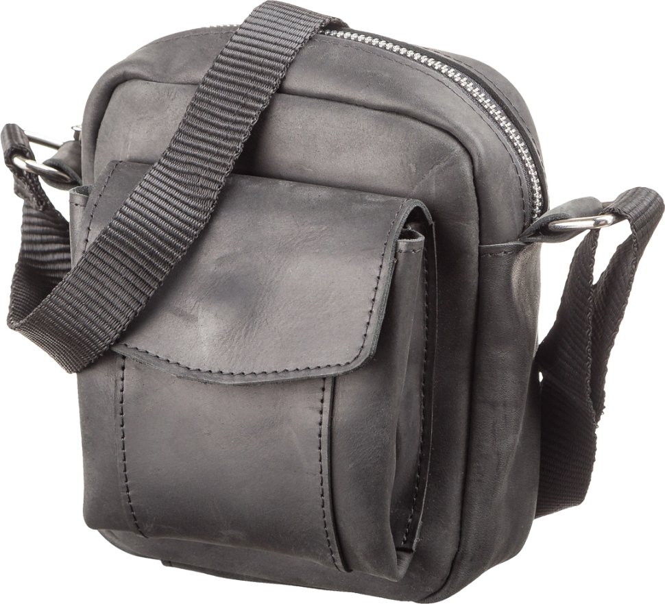 Чорна чоловіча міні-сумка на плече із вінтажної шкіри SHVIGEL (11076)