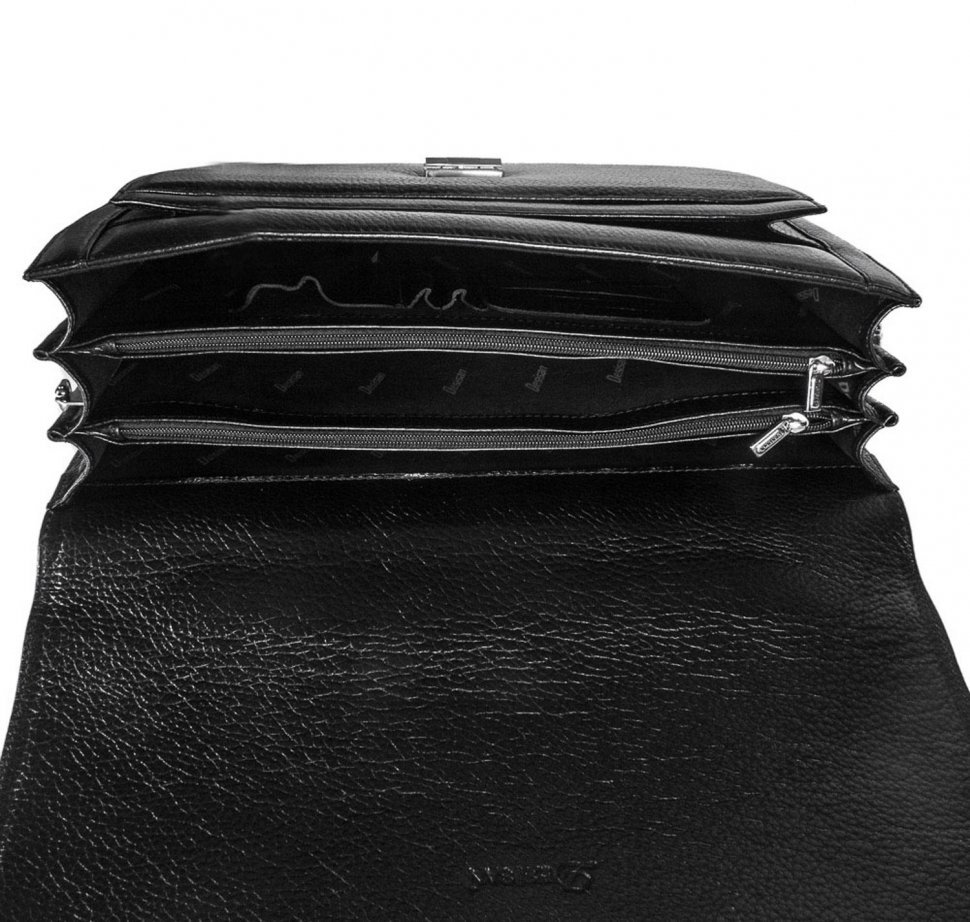 Просторий портфель чорного кольору з натуральної шкіри на клямці Desisan (319-011)