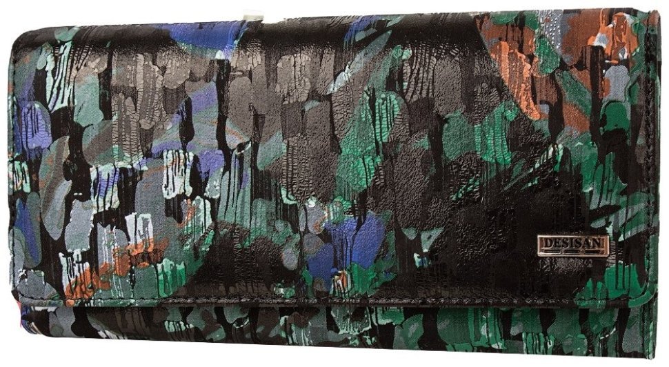 Великий жіночий гаманець із натуральної фактурної шкіри Desisan 107172 чорного кольору з різнокольоровими мазками modnotak фото №1