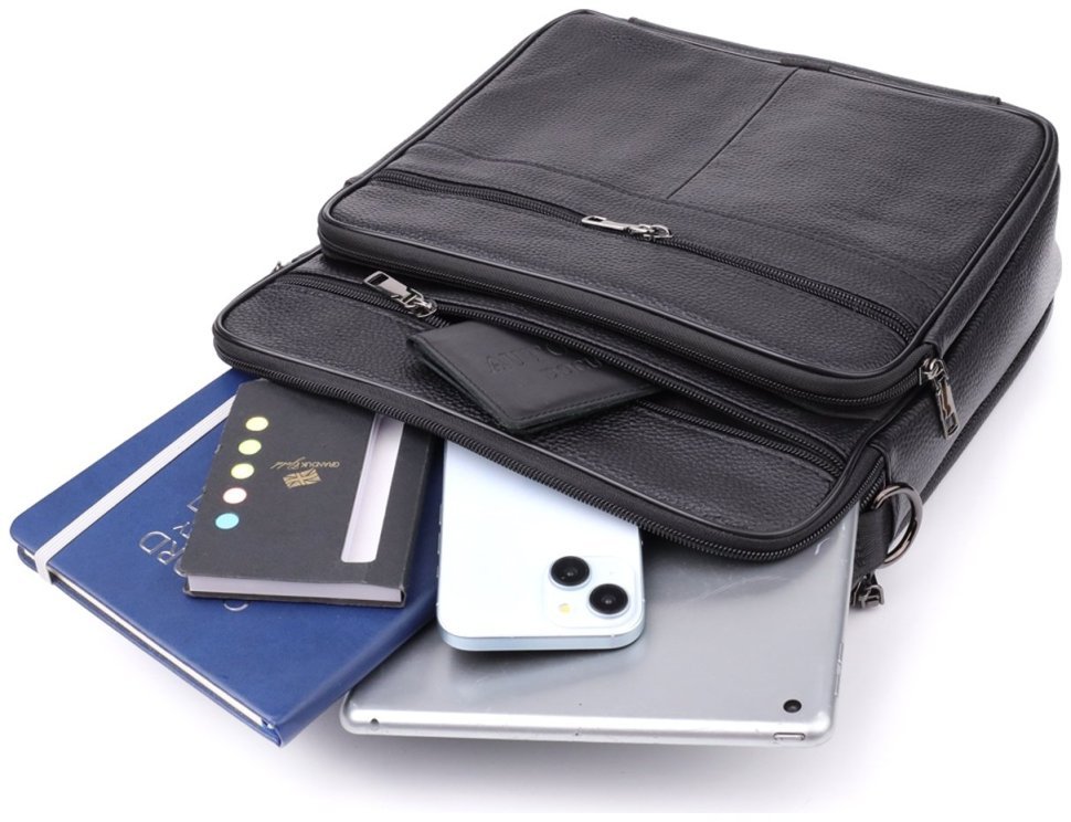 Вместительная деловая мужская сумка-барсетка из кожи черного цвета через плечо Vintage 98172 фото №8 Вместительная деловая мужская сумка-барсетка из кожи черного цвета через плечо Vintage 98172 modnotak фото №8