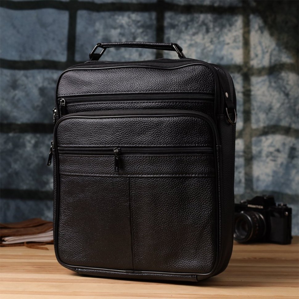 Вместительная деловая мужская сумка-барсетка из кожи черного цвета через плечо Vintage 98172 фото №9 Вместительная деловая мужская сумка-барсетка из кожи черного цвета через плечо Vintage 98172 modnotak фото №9