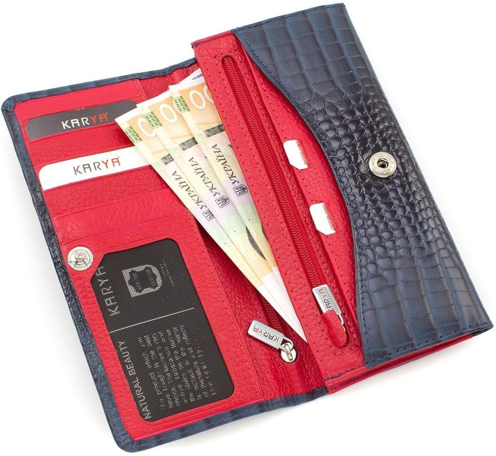 Шкіряний гаманець в синьо-червоному кольорі з фіксацією KARYA (1064-509)