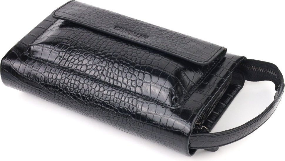 Черный мужской клатч из натуральной фактурной кожи с тиснением под крокодила CANPELLINI (2421562) 