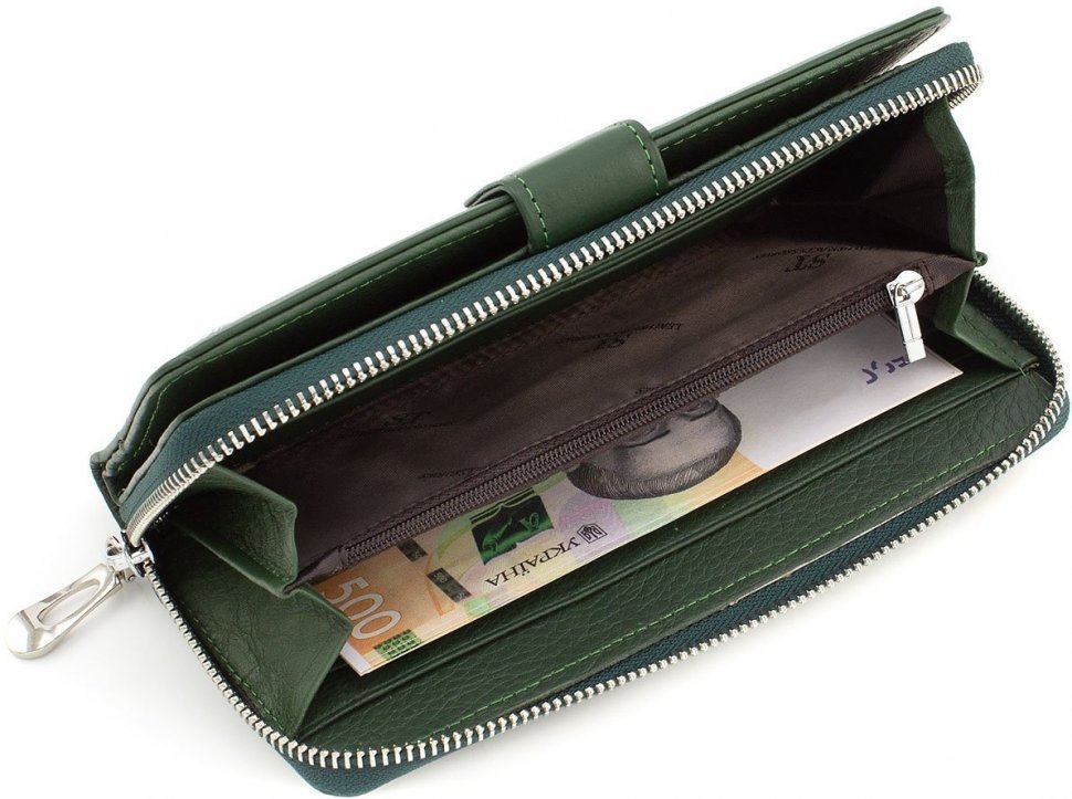 Кожаный длинный кошелек темно-зеленого цвета с блоком под карты ST Leather (15342)