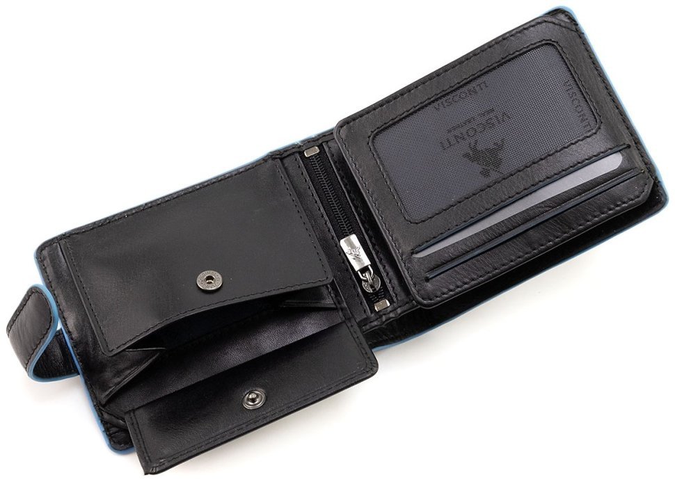 Горизонтальный мужской кошелек из черной кожи с голубой каемкой Visconti 79472 modnotak фото №5