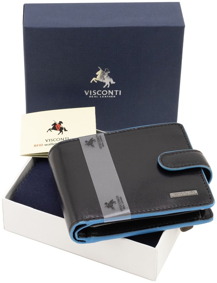 Горизонтальный мужской кошелек из черной кожи с голубой каемкой Visconti 79472 modnotak фото №11