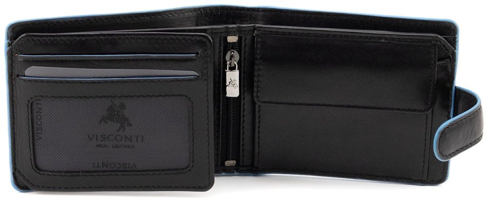 Горизонтальный мужской кошелек из черной кожи с голубой каемкой Visconti 79472 modnotak фото №2