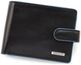 Горизонтальный мужской кошелек из черной кожи с голубой каемкой Visconti 79472