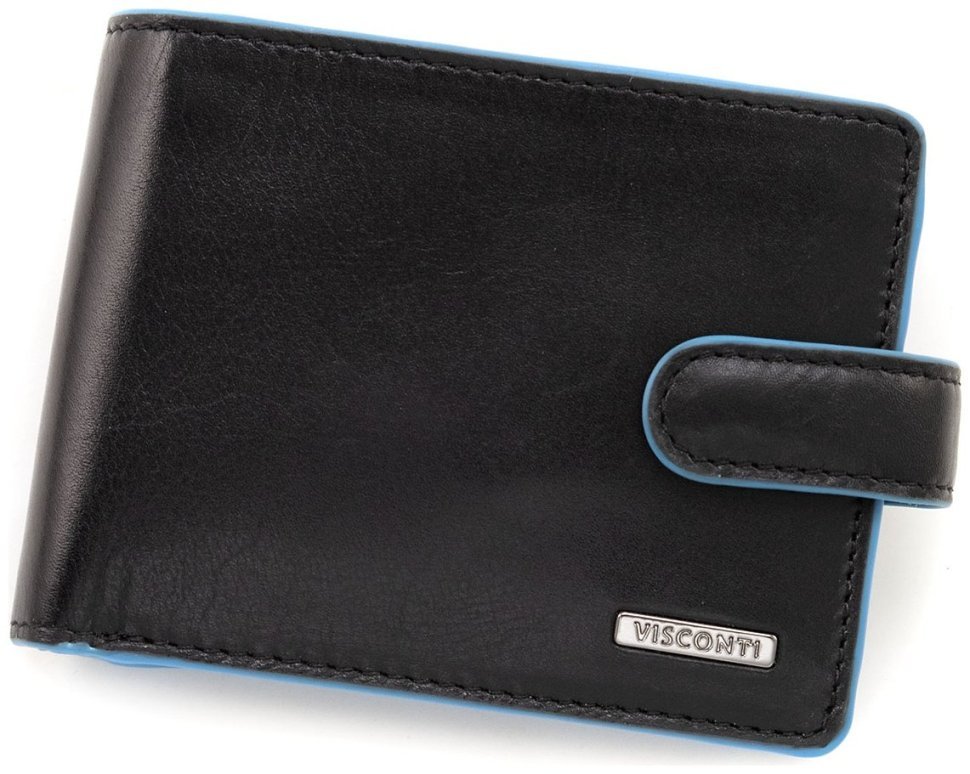 Горизонтальный мужской кошелек из черной кожи с голубой каемкой Visconti 79472 modnotak фото №1