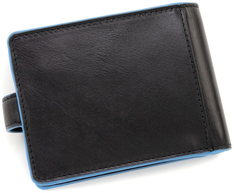 Горизонтальный мужской кошелек из черной кожи с голубой каемкой Visconti 79472 modnotak фото №3