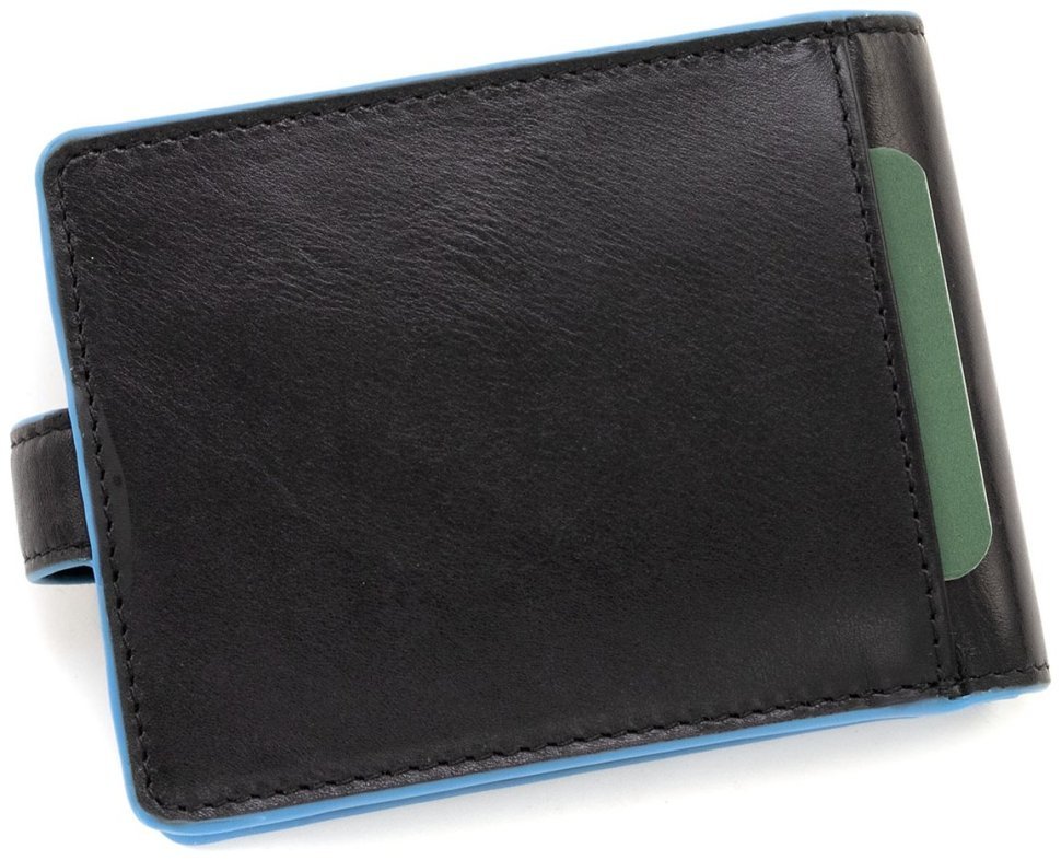 Горизонтальный мужской кошелек из черной кожи с голубой каемкой Visconti 79472 modnotak фото №4