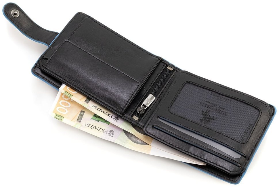 Горизонтальный мужской кошелек из черной кожи с голубой каемкой Visconti 79472 modnotak фото №6