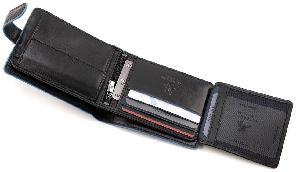 Горизонтальный мужской кошелек из черной кожи с голубой каемкой Visconti 79472 modnotak фото №7