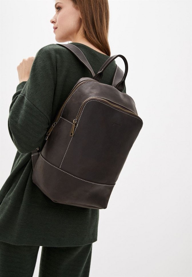 Женский темно-коричневый кожаный рюкзак со светлой строчкой TARWA (19776)
