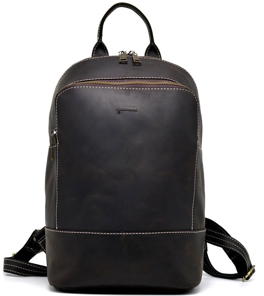 Женский темно-коричневый кожаный рюкзак со светлой строчкой TARWA (19776)